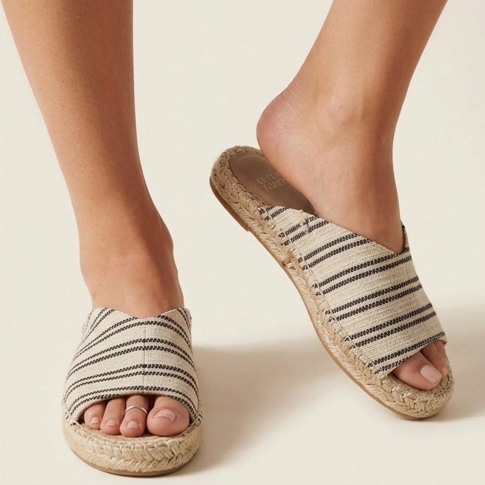 Eileen Fisher Milly Womens Striped Espadrille Slide Sandals Black Beige 6 NWOT